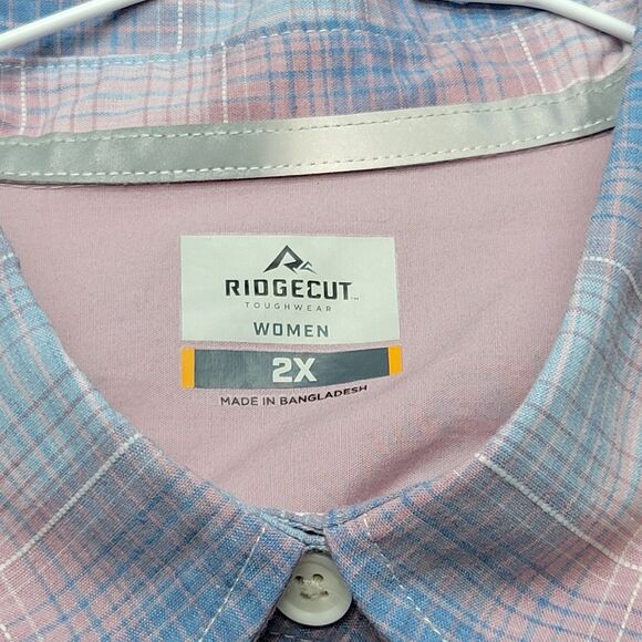 Ridgecut Shirt Womens 2XL Pink Blue Plaid Short Sleeve Button Up Workwear Top - Picture 2 of 8
